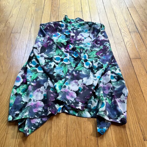 ASTR Size L NEW Black Multicolor Floral Open Front Long Sleeve Sheer Blazer - Picture 12 of 14